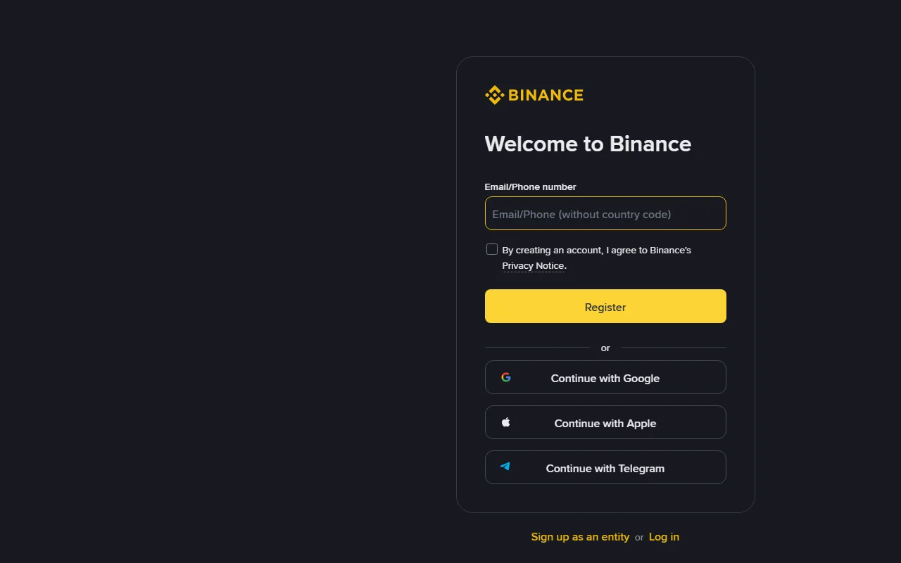 2026-08-27 දින accounts.binance.com හි public registration form එක; හිස් email/phone field, privacy agreement සහ Register button පෙන්වයි