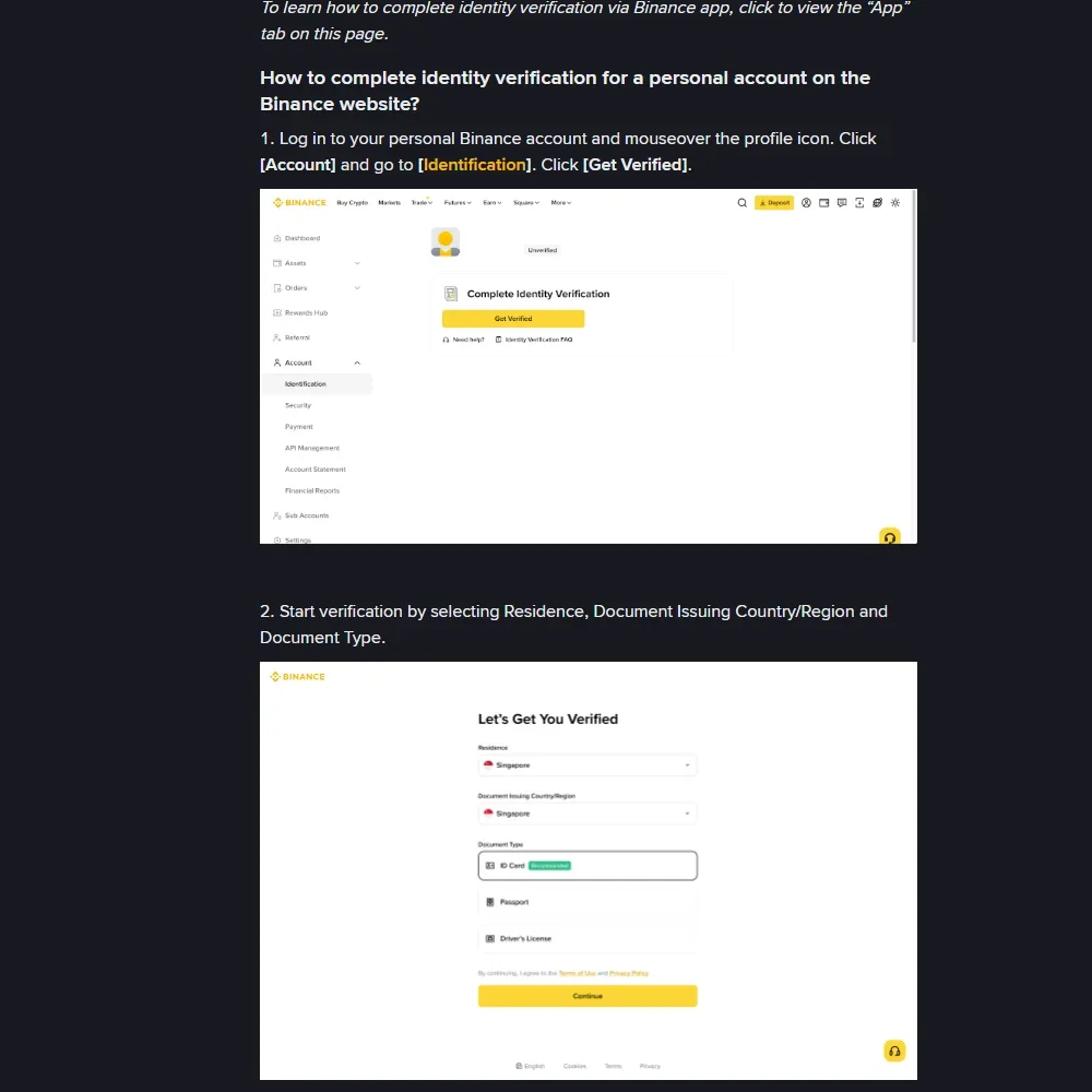 Binance නිල KYC help page එකේ Account > Identification > Get Verified සහ residence/document තේරීම පෙන්වන QR ඉවත් කළ සැබෑ webpage screenshot එක; Singapore යනු help-page example එකක් පමණි