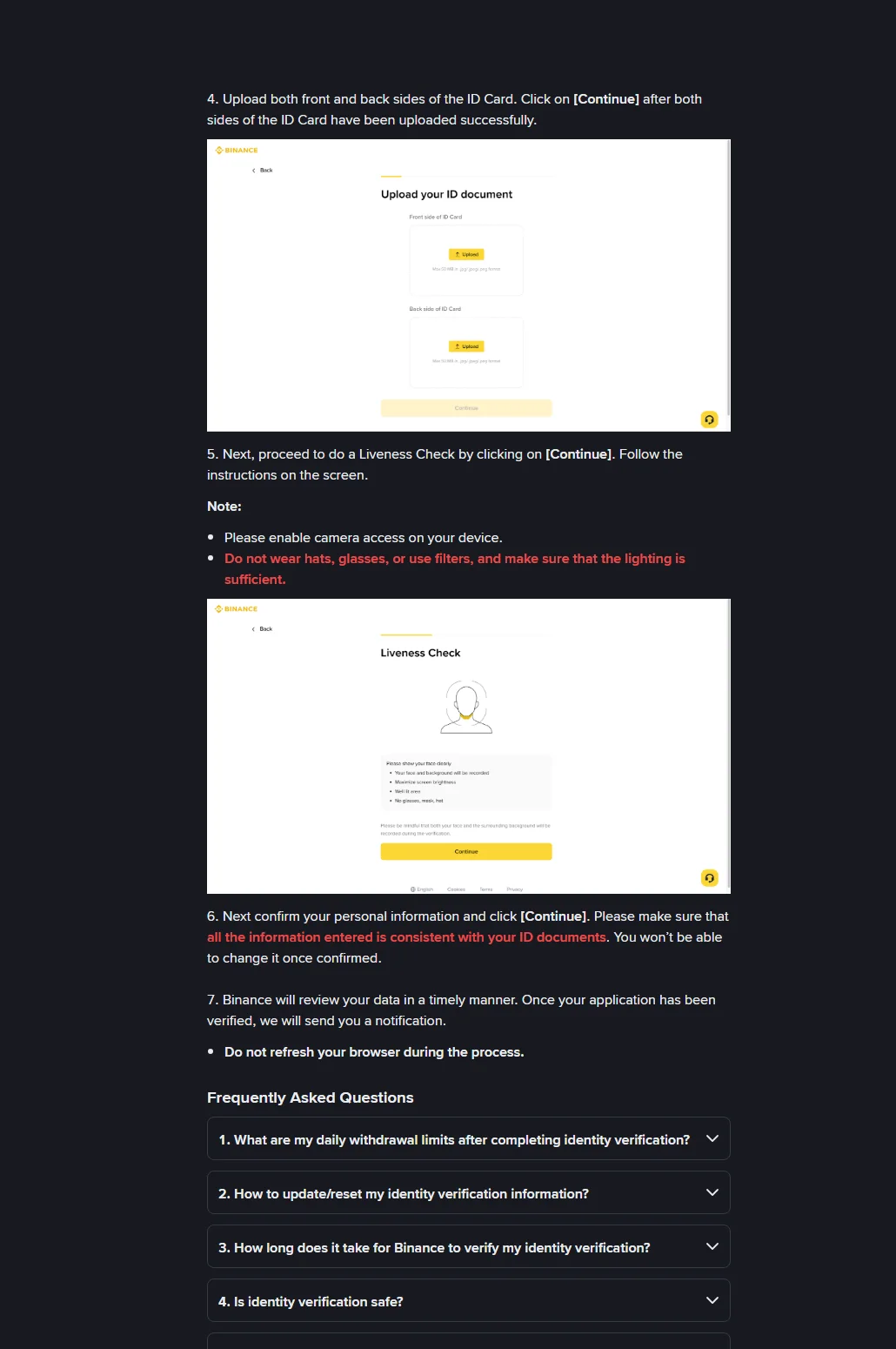 Binance නිල KYC help page එකේ ID front/back upload, liveness check, personal-information confirmation සහ review පියවර 4–7 පෙන්වන සැබෑ webpage screenshot එක