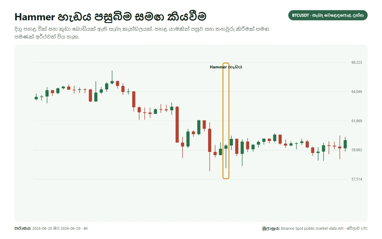 BTCUSDT chart එකක දිග lower wick සහිත hammer ආකාර candle සලකුණු කර ඇත