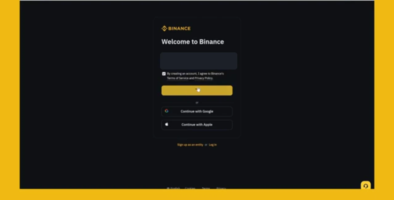 Binance නිල ලියාපදිංචි වීඩියෝවේ email හෝ phone number ඇතුළත් කරන registration form එක; වීඩියෝවේ උදාහරණ email එක සම්පූර්ණයෙන් ආවරණය කර ඇත