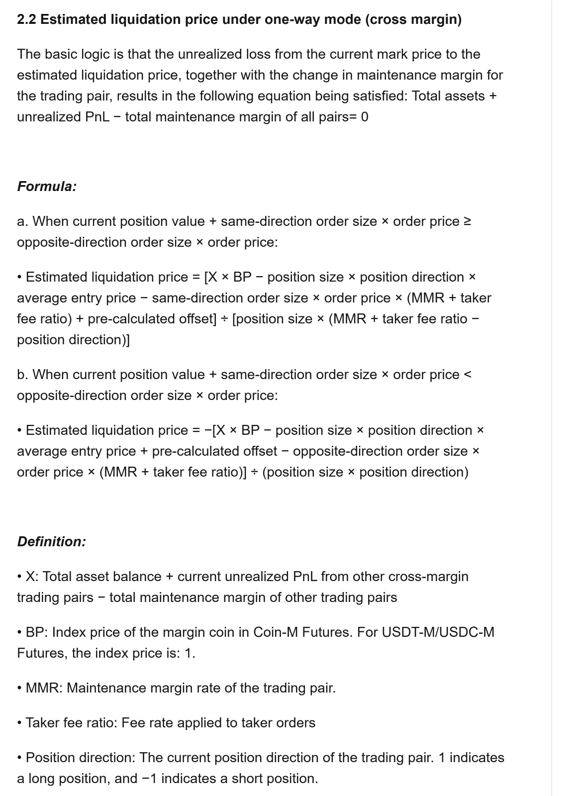 Bitget උදව් පිටුවේ 2.2 කොටස: one-way mode එකේ cross margin යටතේ estimated liquidation price සූත්රය සහ X යනු මුළු වත්කම් ශේෂයට අනෙක් cross යුගලවල unrealized PnL එකතු කර ඒවායේ maintenance margin අඩු කළ අගය බව දැක්වෙන අර්ථ දැක්වීම්