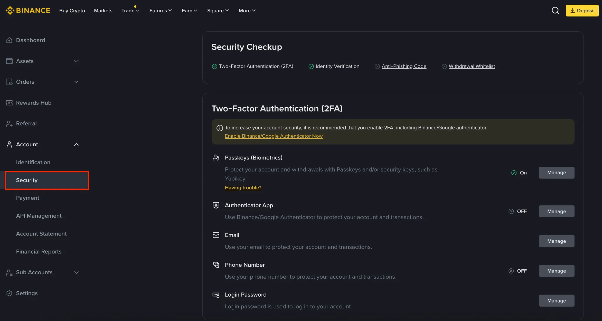 Binance Security settings පිටුවේ Two-Factor Authentication, passkey සහ authenticator විකල්ප පෙන්වන සැබෑ screenshot එක