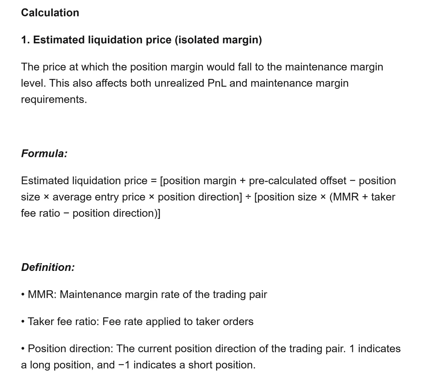 Bitget උදව් පිටුවේ Calculation කොටස: isolated margin සඳහා Estimated liquidation price සූත්රය, MMR, taker fee ratio සහ position direction (long 1, short −1) යන අර්ථ දැක්වීම්