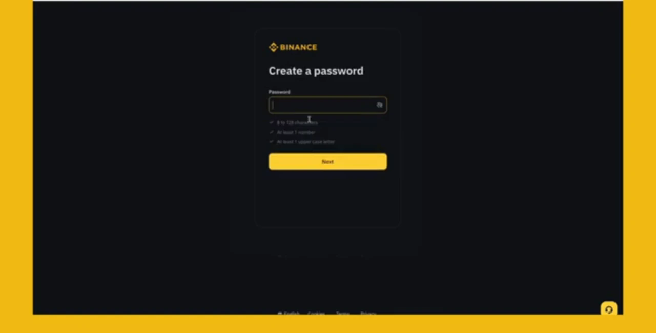 Binance නිල ලියාපදිංචි වීඩියෝවේ හිස් password field සහ password අවශ්යතා පෙන්වන සැබෑ interface එක