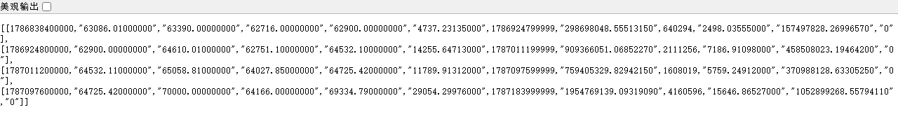 Binance නිල Data API හි BTCUSDT 1D closed klines හතරක raw JSON webpage screenshot එක; 2026-08-16 සිට 2026-08-19 දක්වා OHLC data පෙන්වන ලෙස browser හි පහළ හිස් කොටස පමණක් crop කර ඇත