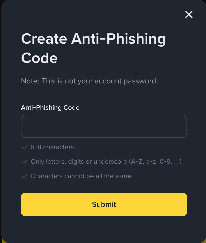 Binance Create Anti-Phishing Code dialog එකේ හිස් code field, character rules සහ Submit button පෙන්වන සැබෑ screenshot එක