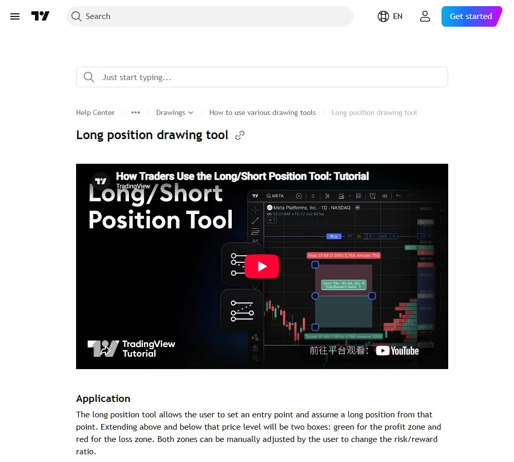 TradingView Help Center හි Long position drawing tool සැබෑ පිටුව; entry, stop, target සහ risk-reward boxes පෙන්වයි