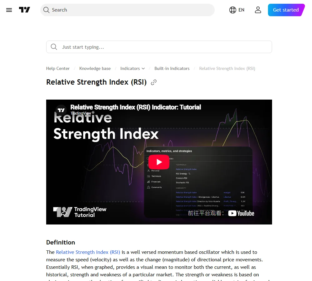 TradingView Help Center හි Relative Strength Index RSI නිල පිටුව; RSI tutorial preview සහ indicator අර්ථ දැක්වීම පෙන්වයි