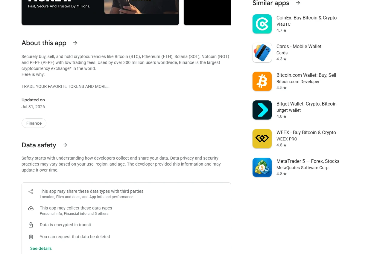 Google Play Binance official app පිටුවේ Data safety කොටසේ සැබෑ screenshot එක